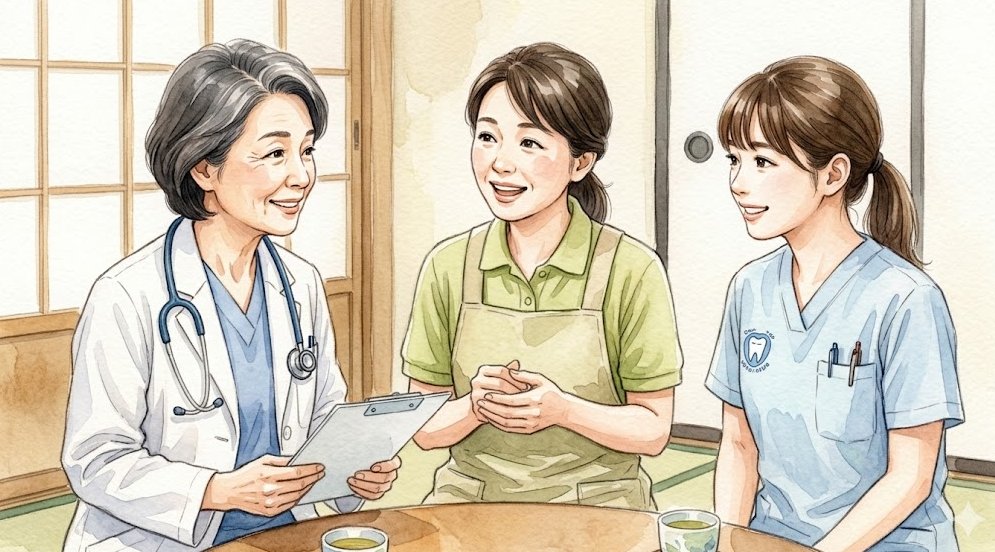 医師・介護士・歯科衛生士が話し合う様子