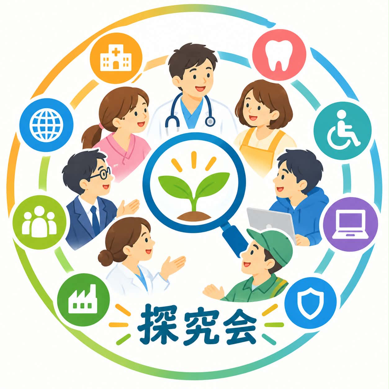 医療・介護・歯科・IT・地域の人が輪になり、活動の芽を育てるイラスト